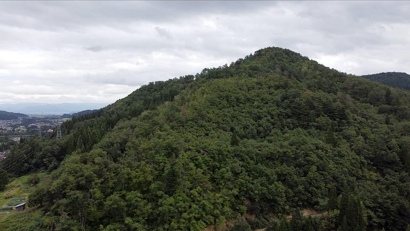 The green forests of Tengu-yama in Nishikawa Town seen from the west.