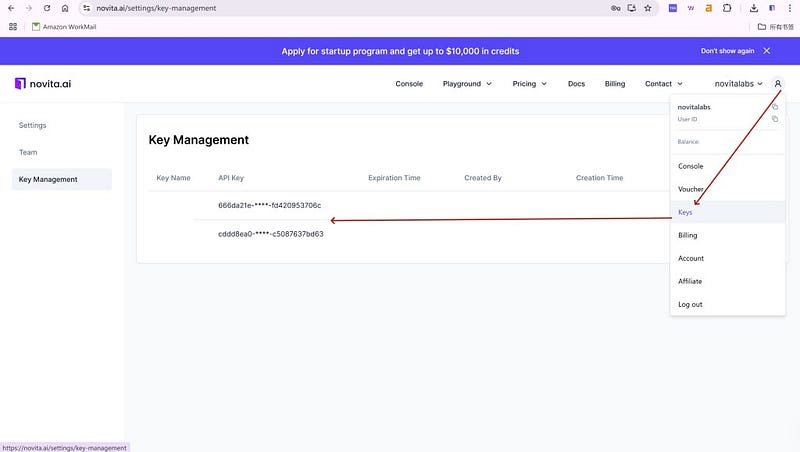 get api key in novita ai