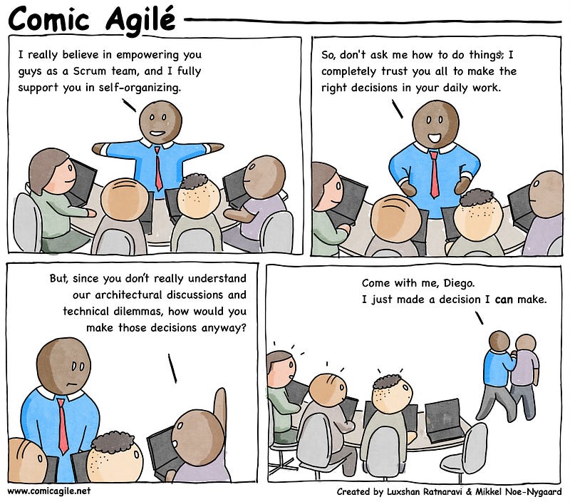 Comic Agilé of a leader telling teams they are self-organising