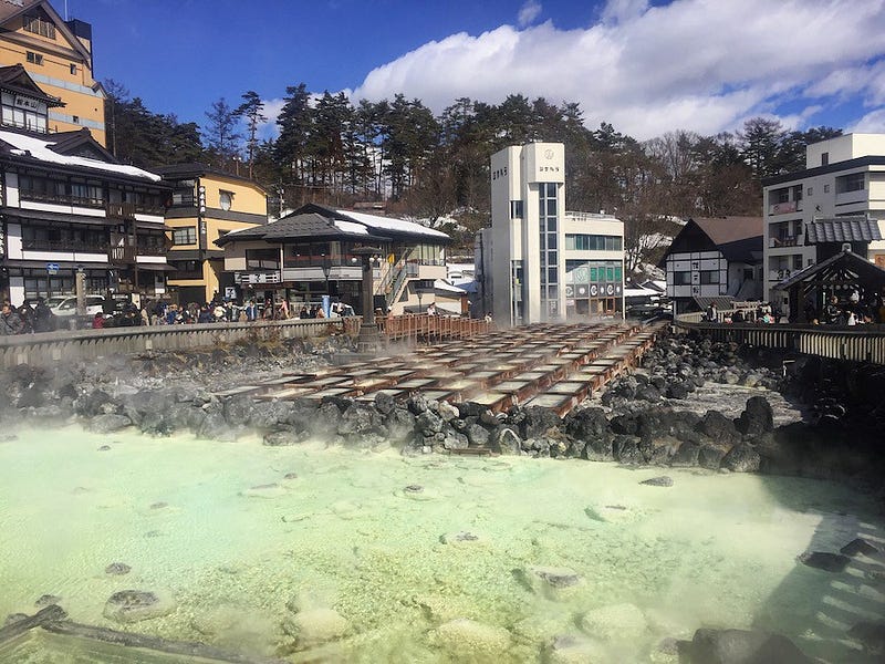 The hot water in Kusatsu Onsen’s Yubatake is the source of the hot springs baths and has the largest volume in Japan