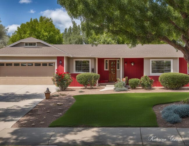 One-story home with a spacious front yard, located in a quiet Payson neighborhood. The exterior is painted in a warm taupe shade with white trim and features a charming red front door. The property boasts a large backyard with a manicured lawn and mature trees, making it perfect for outdoor entertaining or gardening. Photo by Katerina Gasset, owner of Utah Valley Real Estate for Sale website