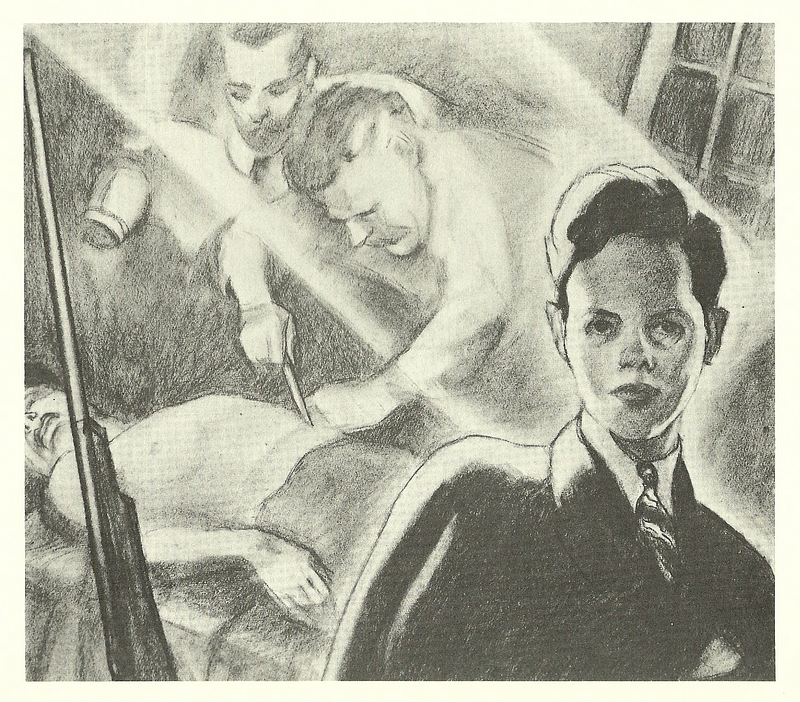 Boy standing in foreground with several people taking a knife to a prone figure behind him