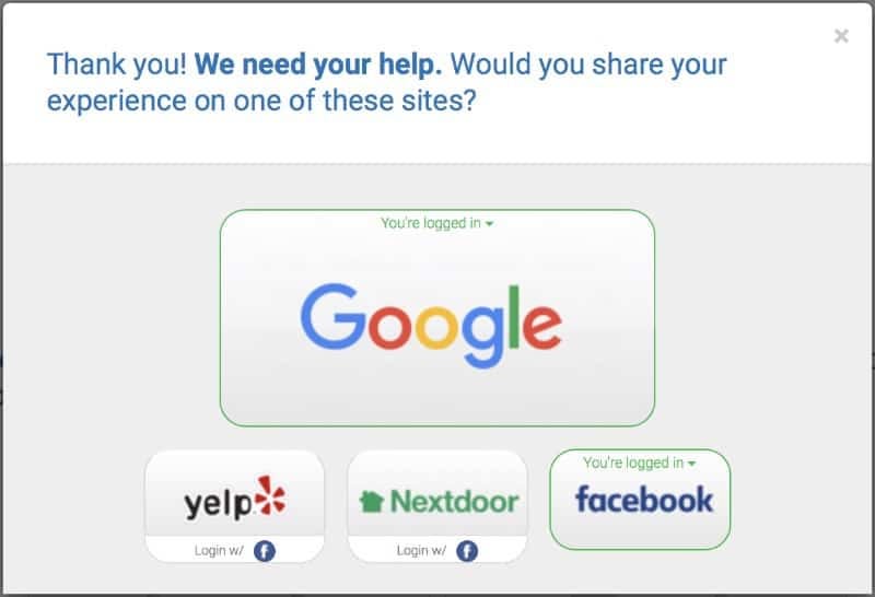 Customer modal asking for review on specific websites.