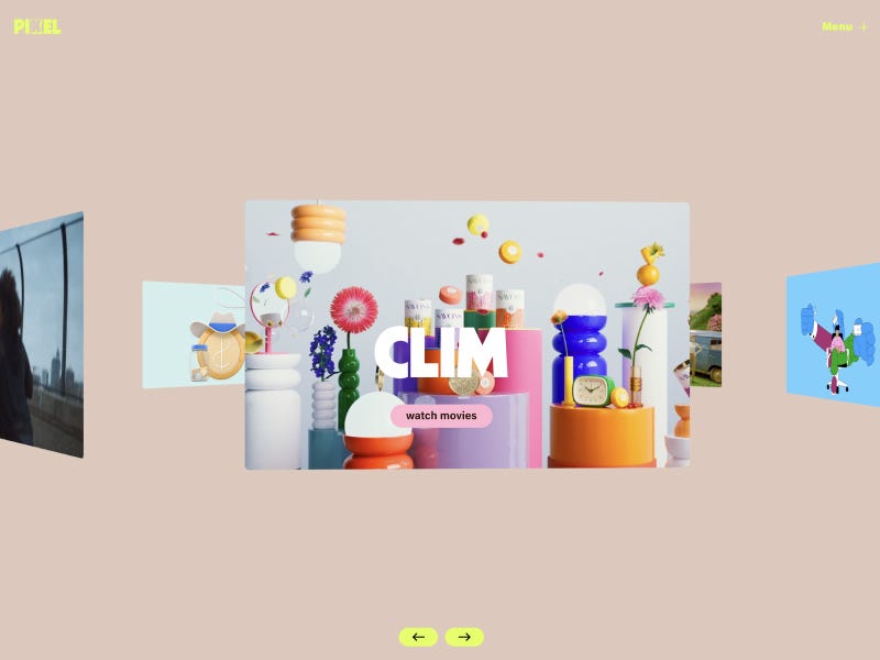 Pixel Melbourne website with colorful 3D objects, floating composition, and central “CLM” card in a playful gallery-style layout