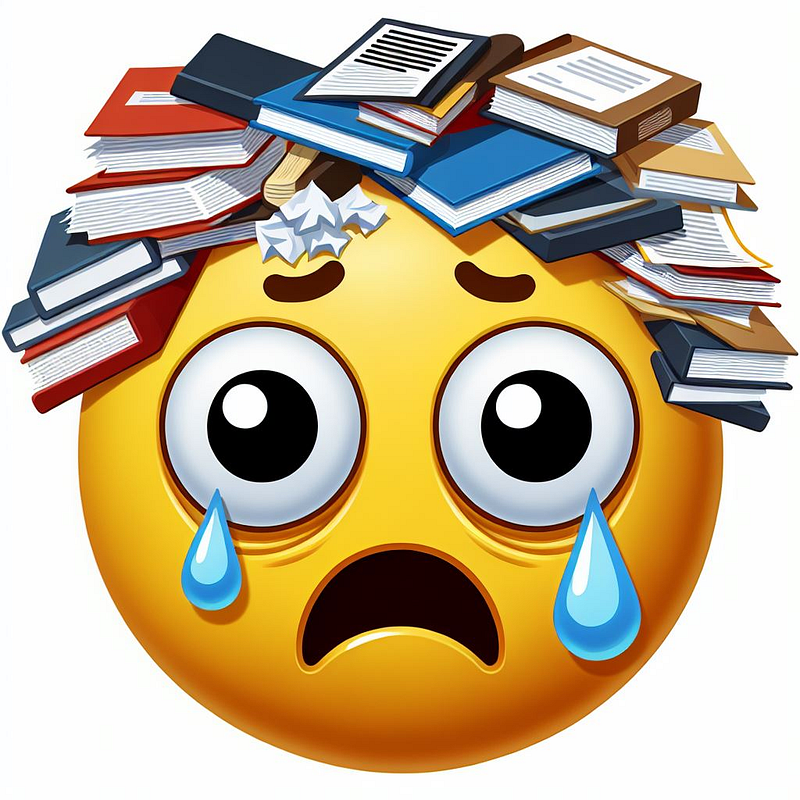 Yellow emoji crying face with an assortment of books and paper on its head.