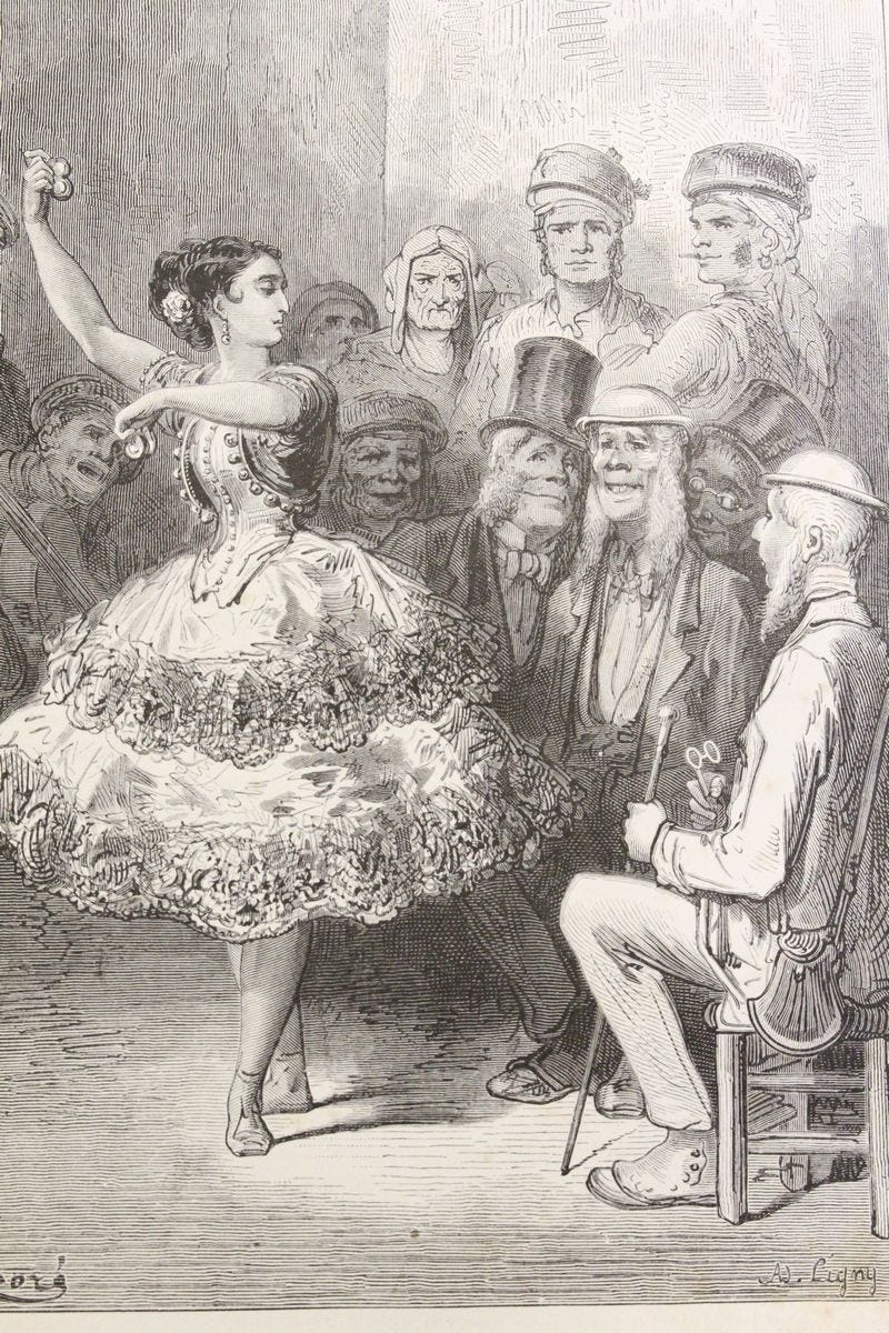 A XIXth century drawing of a flamenco dancer admired by a group of older men, probably from Northern Europe.