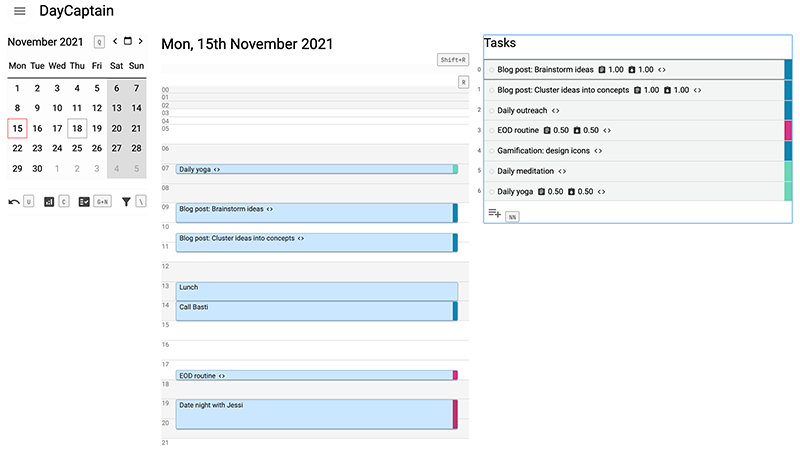 A day plan in DayCaptain, containing prioritized tasks and events for the day.