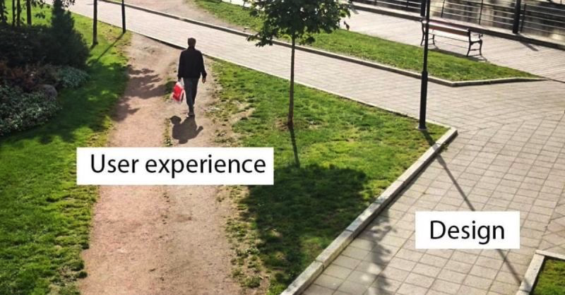 paved path labeled “design” with a dirt path, carved into the grass with a person walking on it, labeled “user experience”