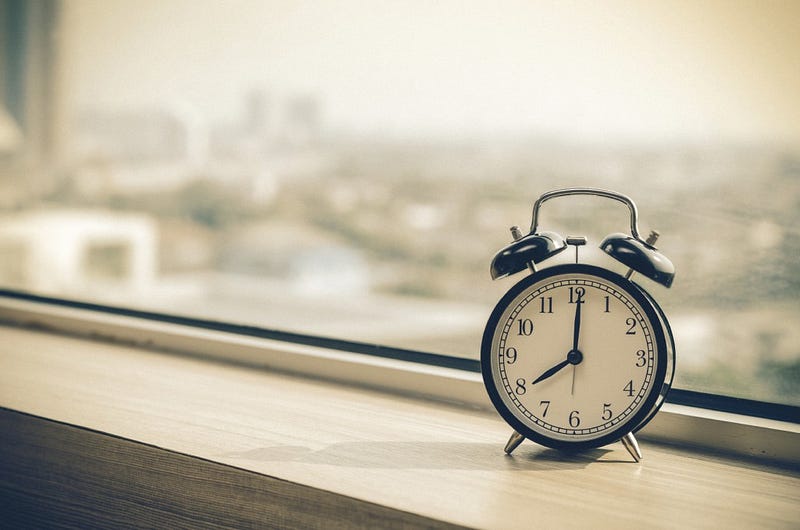 Vintage alarm clock at windows at early morning