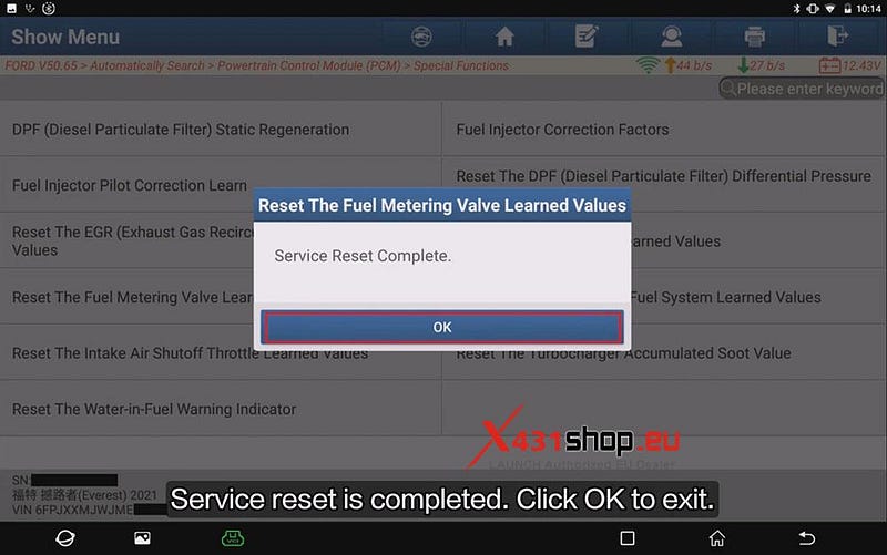LAUNCH X431 PAD_Reset Fuel Metering Valve on Ford Everest