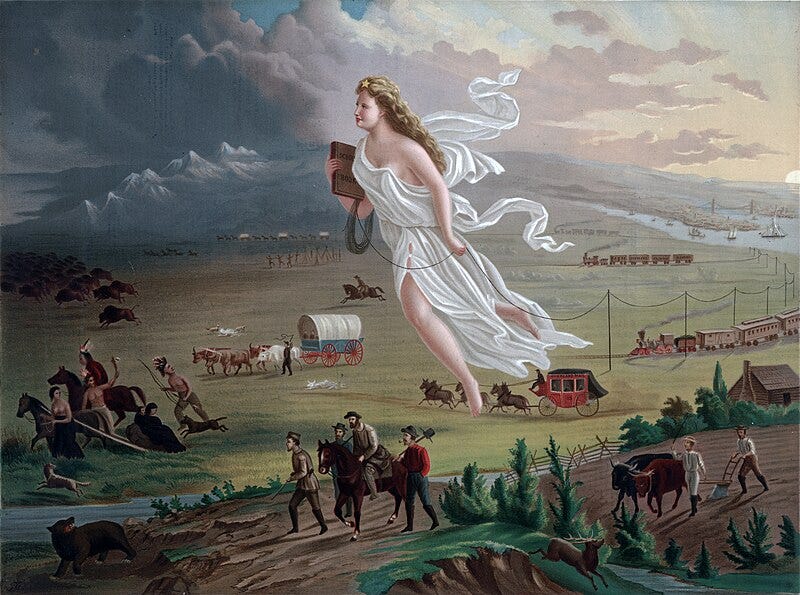 A painting of a white robed woman larger than life carrying a school book and floating westward over the american pioneer landscape.