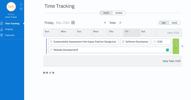 Freshbook time tracking and invoicing interface 