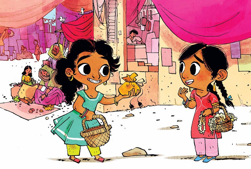 A cartoon of two girls carry baskets of flowers. 