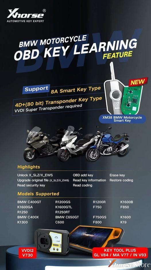 Xhorse VVDI2 یا Key Tool Plus آموزش کلید OBD موتور سیکلت BMW را اضافه کرد