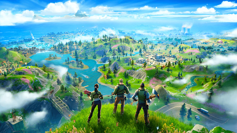 Three Fortnite characters looking over the valley