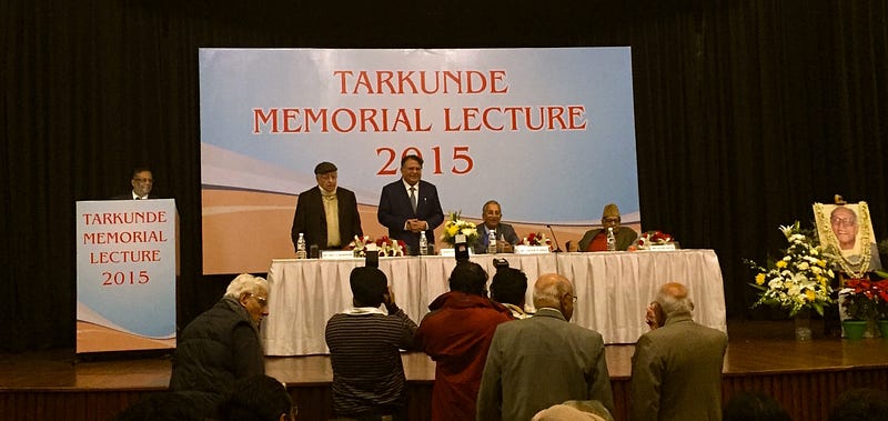 Justice Tarkunde Memorial Lecture, December 12, 2015. From Left: Soli J. Sorabjee, Justice A.P. Shah, Ashok Desai, Kuldip Nayar. All rights relinquished