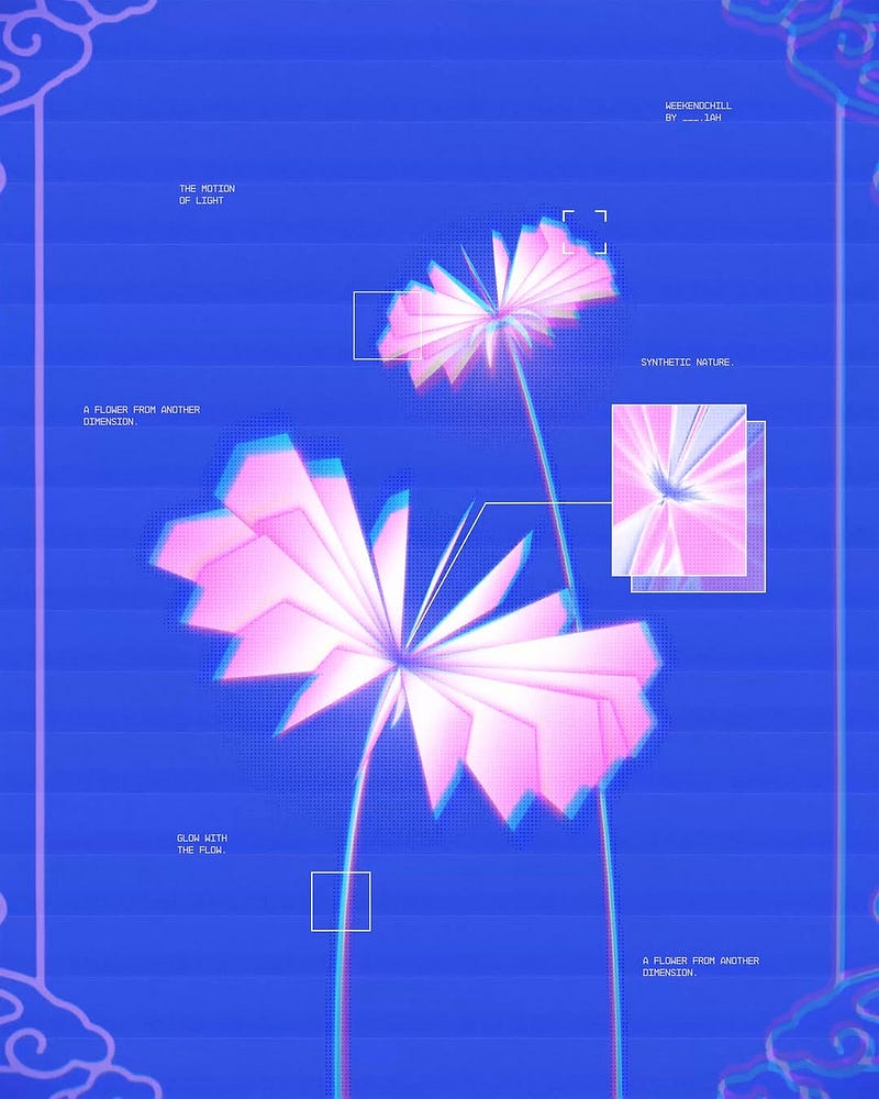 Futuristic blue interface featuring glowing geometric flowers with neon pink and cyan tones, annotated with technical-style labels and experimental design elements.