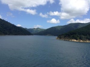 Sailing through the Queen Charlotte Sounds leaving the South Island 