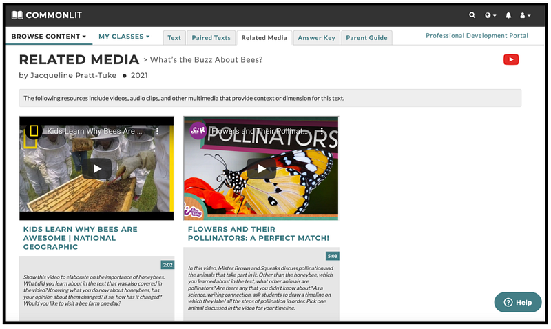 The Related Media tab for the CommonLit lesson "What's the Buzz About Bees?"
