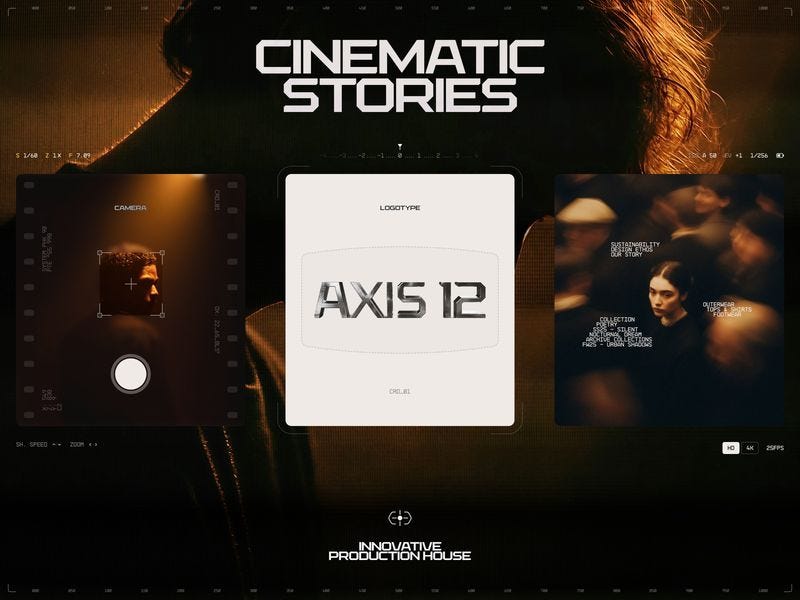 Dark cinematic interface featuring “CINEMATIC STORIES” headline with camera UI overlays, warm-toned visuals, and a central “AXIS 12” logotype, presenting a film and production-focused design concept.
