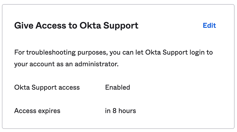 Okta Support access toggle, found in the Okta Admin UI