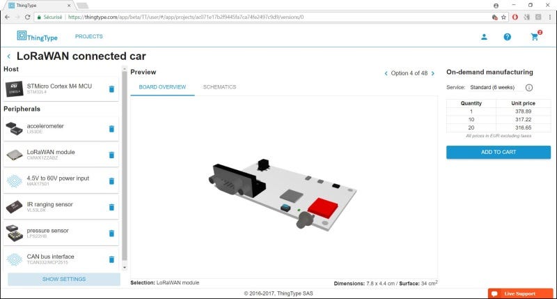 Example of a LORAWAN Connected car boad modelled on ThingType