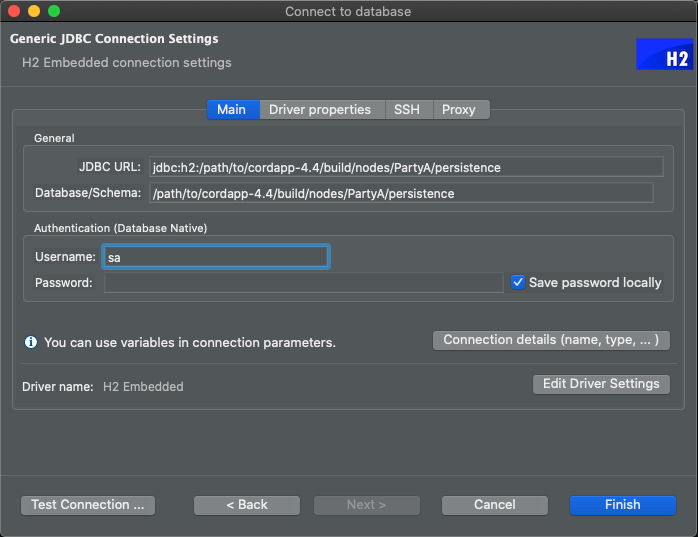 DBeaver database connection configuration for PartyA