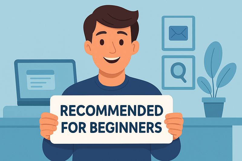 A cartoon character smiling and holding a sign that says “RECOMMENDED FOR BEGINNERS” in an office setting.