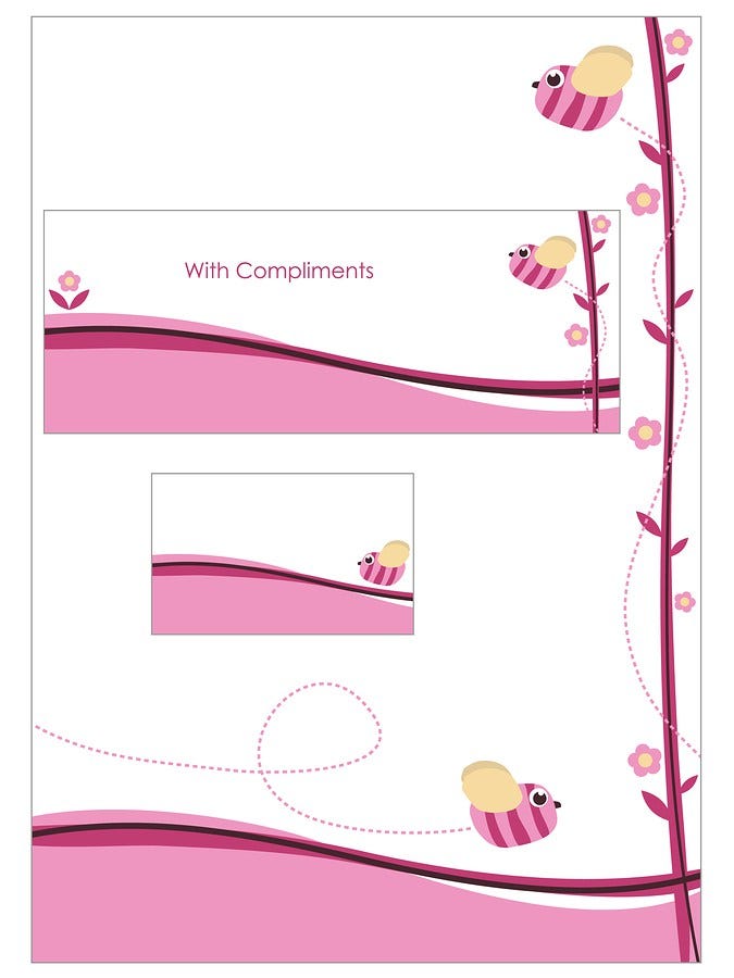 pink stationery set with letterhead, business card and compliment slip