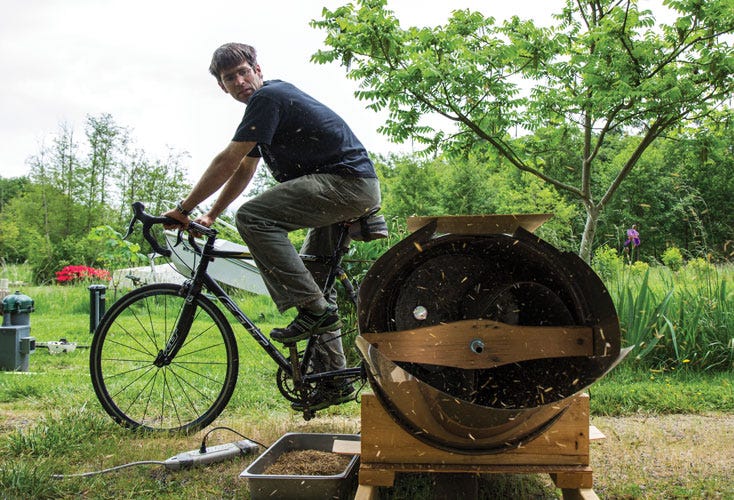 LLoyd on bike machine for removing rice hulls