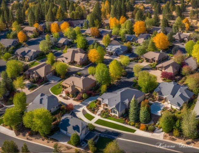 Bird’s eye view of Payson Utah with clusters of new construction homes sprouting up throughout the town. These homes in Payson Utah are surrounded by green lawns and tall trees, with a mountain range visible in the background. Photo created by Katerina Gasset of the Gasset Group in Utah