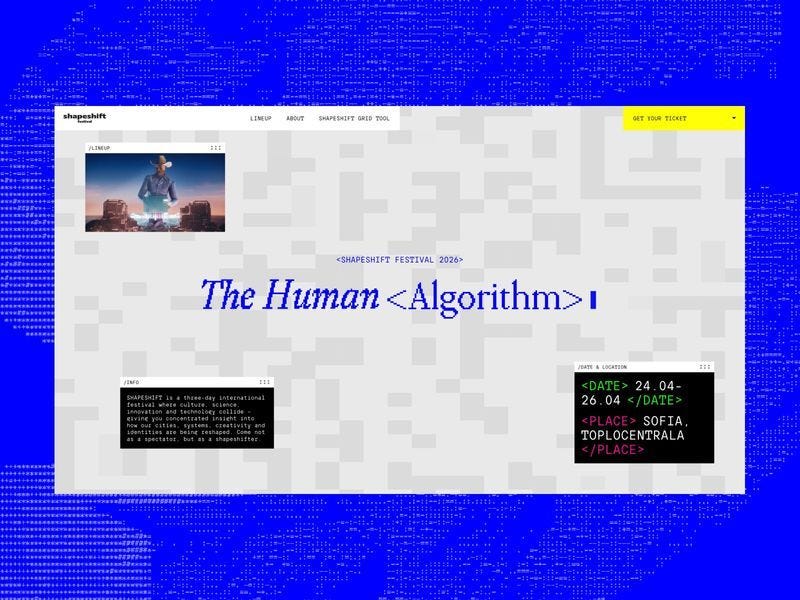 SHAPESHIFT Festival 2026 website with “The Human Algorithm” headline, experimental grid layout, and bold blue digital-themed background