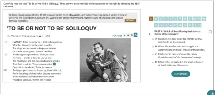 The passage "'To Be Or Not To Be' Soliloquy" from the CommonLit diagnostic, with questions on the right.