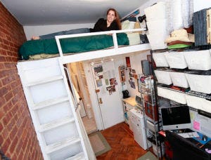 Felice Cohen, 39, in her micro apartment at 103 W. 70th Street in Manhattan on Friday, December 11, 2009. PICTURED: 12' 11" long and 7' 6" wide