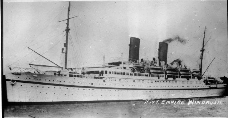 A black and white image of the Windrush Empire ship