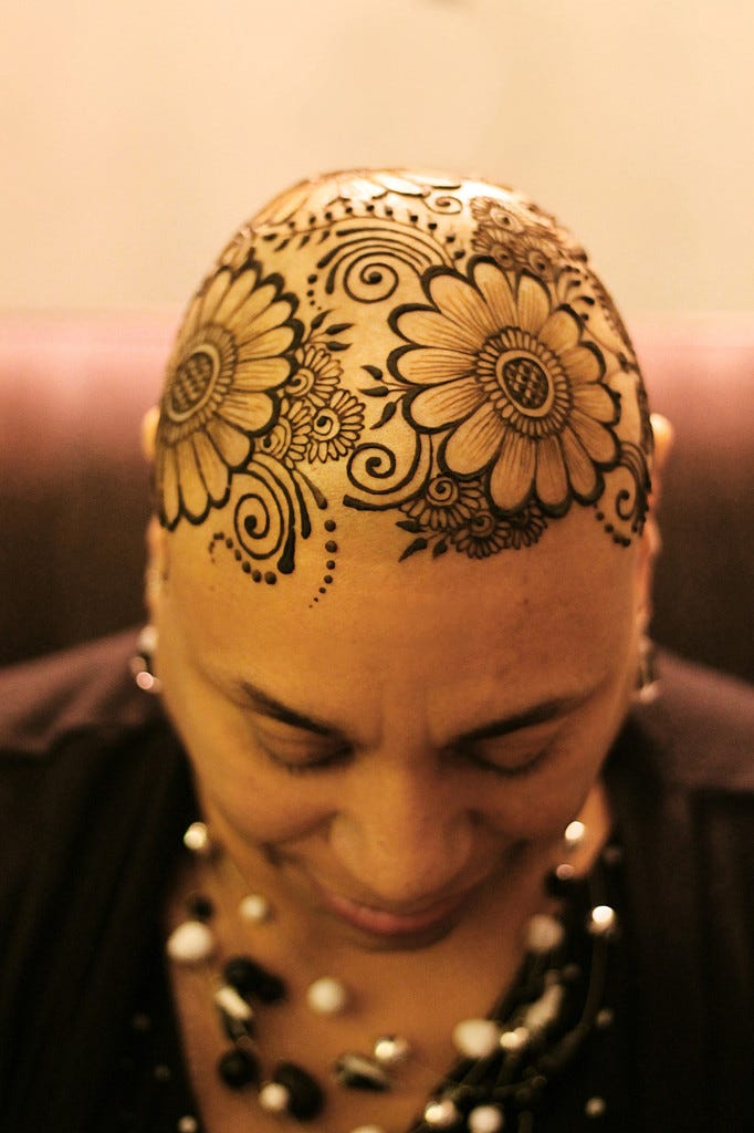 Sarah Walters provided free henna crowns through her home studio in Kirkland, Washington. An intricate ornate design provides an alternative to wigs and hats for those experiencing hair loss. Photo courtesy of Sarah Walters