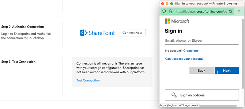 An OAuth window to authorize Couchdrop to connect to SharePoint for SFTP file transfers