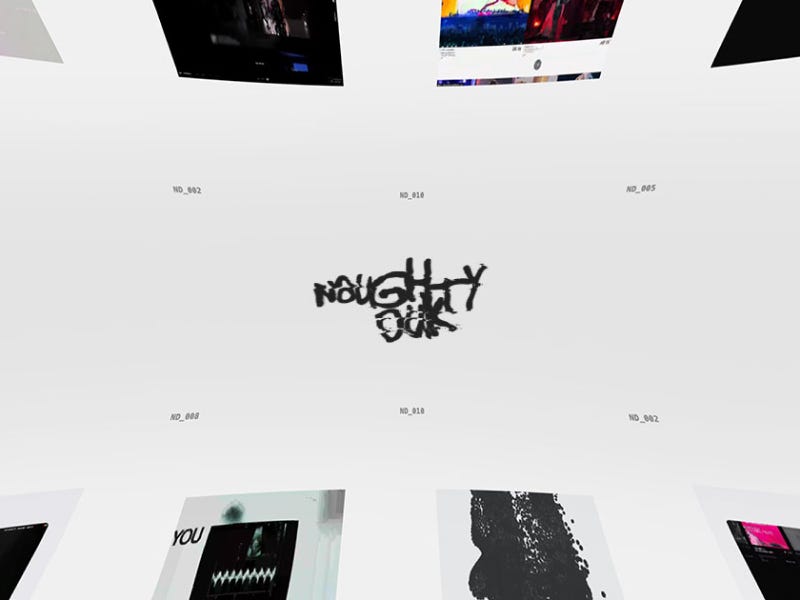 NaughtyDuk website with floating grid of visual tiles, central distorted logo typography, and minimal light interface with dynamic perspective layout
