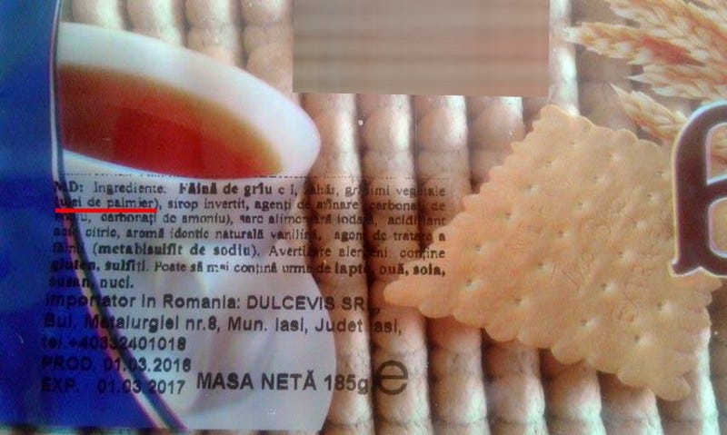 Acest pachet cu biscuiți care conțin ulei de palmier a fost procurat de la unul dintre magazinele din Chișinău în luna aprilie
