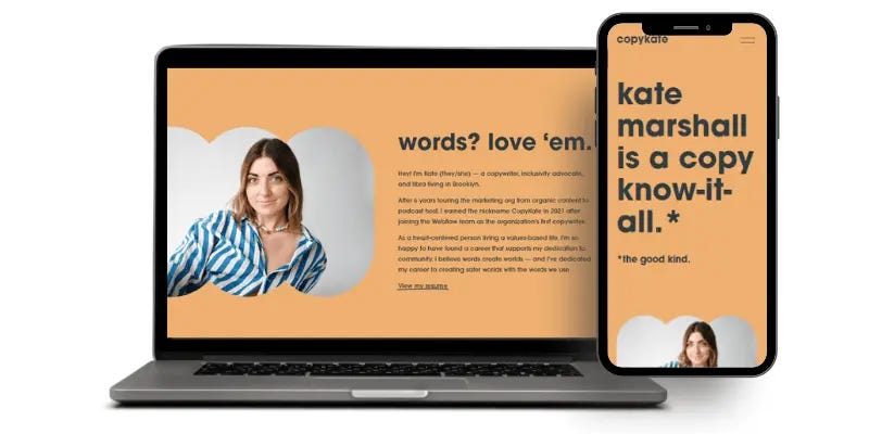 A laptop and smartphone showcase Kate Marshall’s personal copywriting website, featuring her photo and professional details in an orange-themed design.