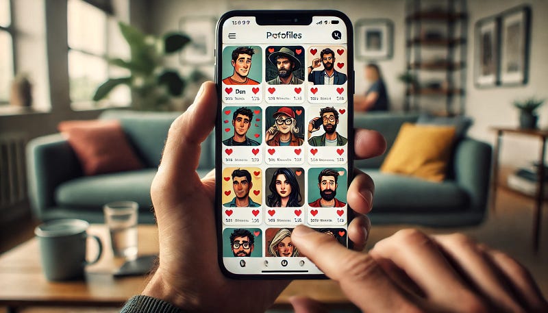 A person swiping through dating profiles on a phone, with different personalities appearing in the profile pictures.