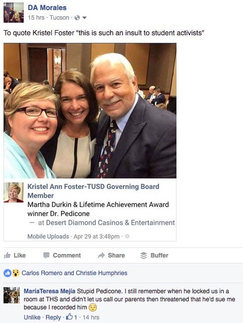 Kristel Foster embracing the woman who ordered MAS books to be banned, with the superintendent who banned MAS, at an awards ceremony celebrating what he did.