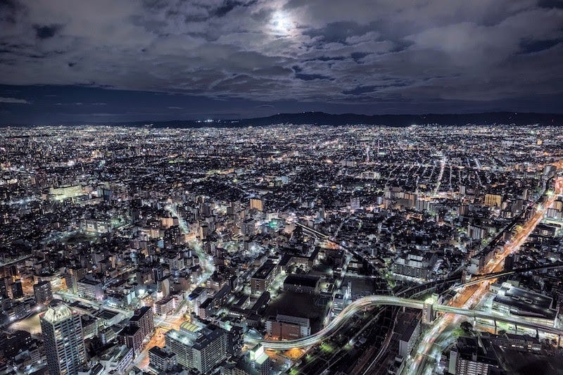 The city of Osaka on an overcast night following a typhoon