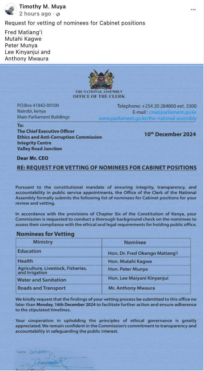 FAKE: This letter requesting EACC to vet five Cabinet nominees isn’t ...