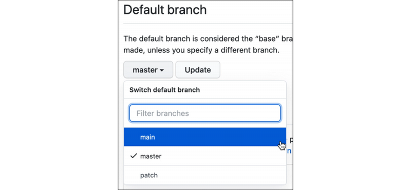 The drop-down for changing default branch is opened. Main is selected.