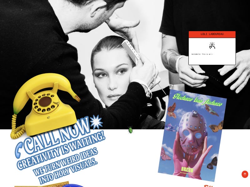 Loli Laboureau website with black and white editorial portrait, layered collage elements, and playful graphics including a yellow phone and bold call-to-action typography