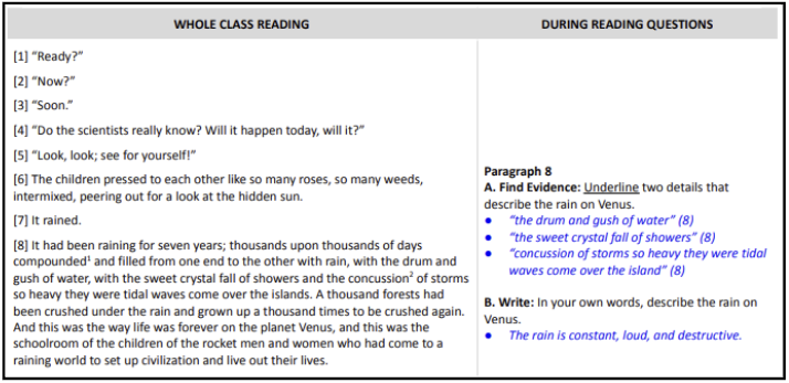 Part of the lesson plan for "All Summer in a Day" with model responses in blue.