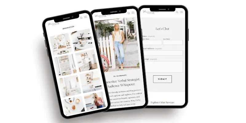 Three smartphones displaying different pages of a lifestyle and writing strategy website of Shanley Cox