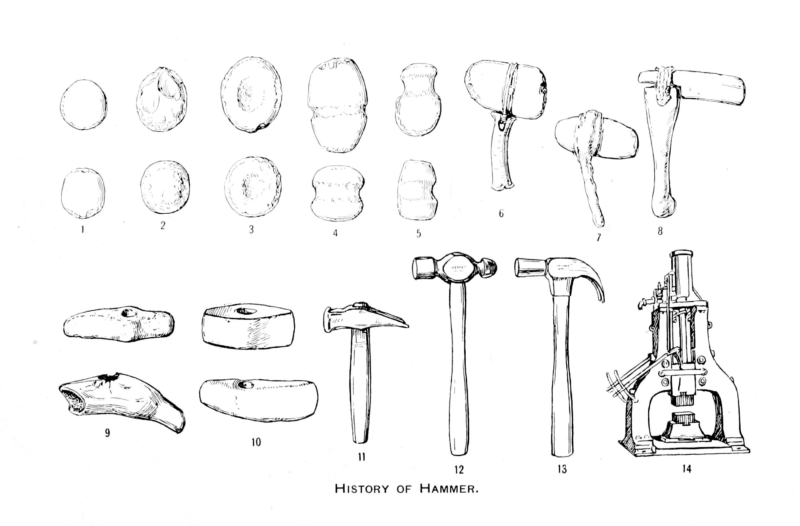 Rappresentazione dei diversi stadi di evoluzione del martello, da una semplice pietra fino all’utensile moderno.