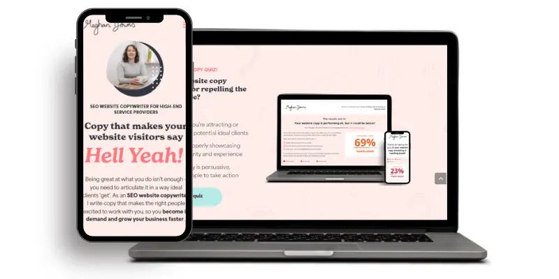 A laptop and smartphone display the website of Meghan Downs, featuring SEO copywriting tips for service providers and a quiz assessing website copy effectiveness.
